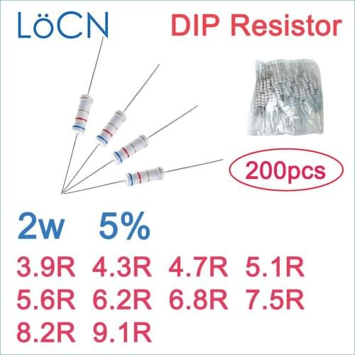 200pcs 5% 2W Carbon Film Resistor DIP 3.9R 4.3R 4.7R 5.1R 5.6R 6.2R 6.8R 7.5R 8.2R 9.1R OHM Color ring