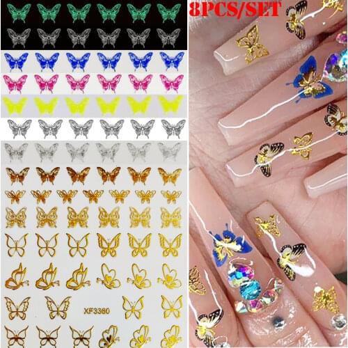 8pcs 3D Butterfly Nail Stickers Set Colorful Gold Silver White Design Transfer Decals DIY Nail Art Decorations Manicure Slider