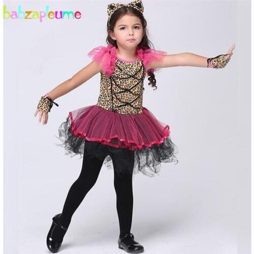 Babzapleume Brand Halloween Party Girls Dress set Leopard Print Child Cosplay Costume Mesh Short Sleeve Kids Girls Clothing Y014