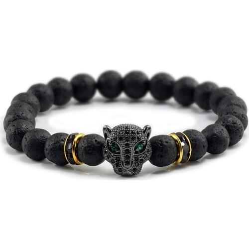 12 Style Lava Stones Natural Stone Bracelet Leopard Head Charm Men Elastic Round Bead Jewelry Bangles Women Handmade Accessories