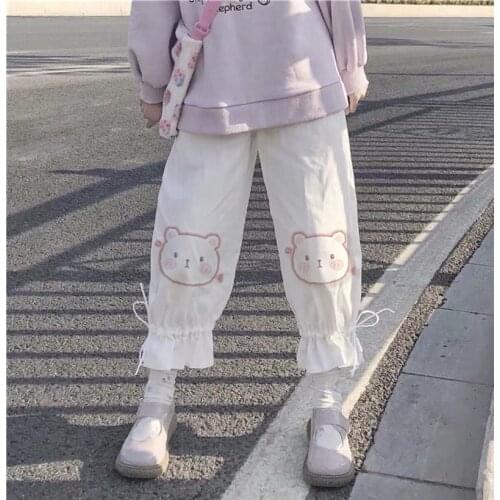 Kawaii Soft Girl Ankle Length Black Wide Leg Trousers Japanese Korean White Harem Pants Cute Cartoon Print Fairy Grunge Jogging