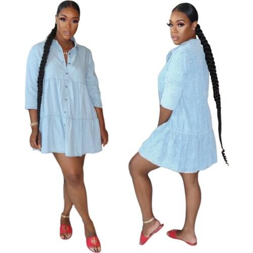 Echoine Spring Long Sleeve Casual Denim Button Dress Blue Elegant Beach Dresses