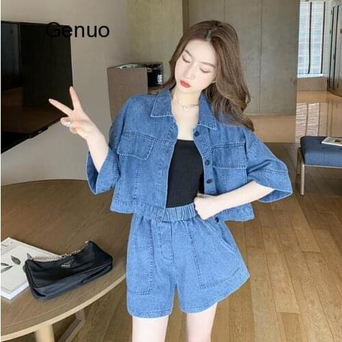 Denim Two-piece-set Women 2020 Summer Loose Street Style Denim Short Jacket And Wide-leg Casual Shorts Suit Cool Girl Outfit