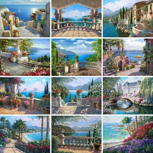 EverShine Diamond Embroidery Landscape Cross Stitch 5D Full Square Diamond Painting Seaside Town Rhinestones Art Home Decor