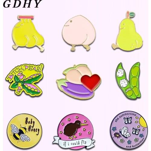 GDHY Animal Fruits Vegetables Brooch Enamel Banana Peach Pear peas eggplant Bee butterfly bird chicken Lapel Backpack Pins Gifts