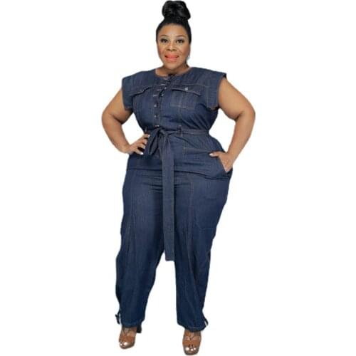 5XL Light Blue Denim Jeans Jumpsuits Sleeveless Bodycon Skinny Denim Rompers Femme Long Pants Playsuit Sexy Clubwear