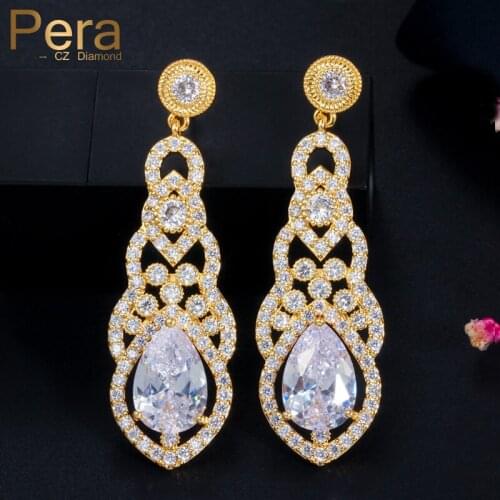 Pera Classic Big Water Drop Cubic Zirconia Setting Indian Yellow Gold Long Dangling Earrings for Women Banquet Prom Jewelry E492