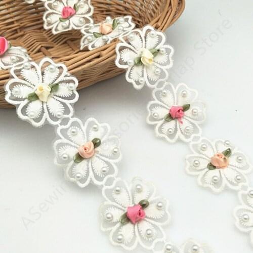 2 Yards Flower Pearl Lace Edging Trim Ribbon Vintage Style Apricot Trimmings Fabric Embroidered Applique Sewing Craft 5BB5503