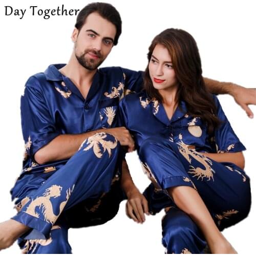 Summer Couples Silk Pajamas Chinese Dragon Pattern Two Piece Pyjamas Set Short-sleeved Sleepwear Satin Pajama For Men and Women