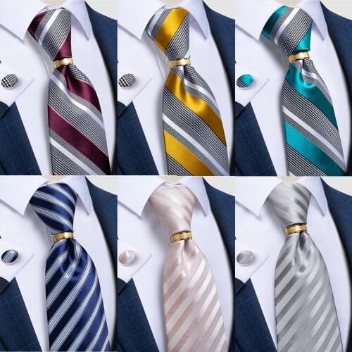 Men Tie Gray Pink Blue Striped Business Formal Necktie Handkerchief Cuffinks Ring Set Jacquard Woven Silk Wedding Tie DiBanGu