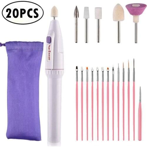 20PCS Electric Nail Machine Pedicure Nail Art Grinding Drill Bits Brush Set Dotting Pen Builder Flat Fan Liner Acrylic Gel UV