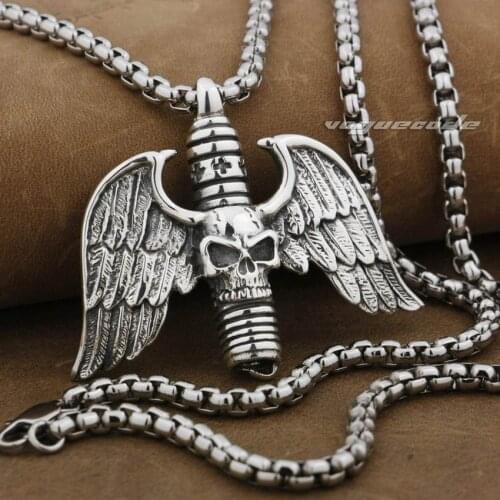 LINSION 925 Sterling Silver Skull Cross Wing Mens Biker Rock Punk Pendant 9F028