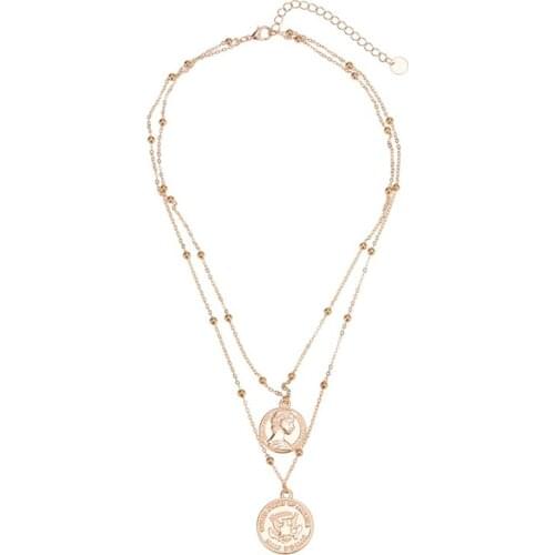 SRCOI Gold Color Round Coin Pendants Necklaces Vintage Multi-layered Rosary Human Face Pendant Necklace For Women Tendy Jewelry