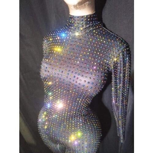 Rhinestone Bodysuit Women Party Jumpsuit Tight Fitting Black Beading Rompers Singer Dancer Club Bodysuits