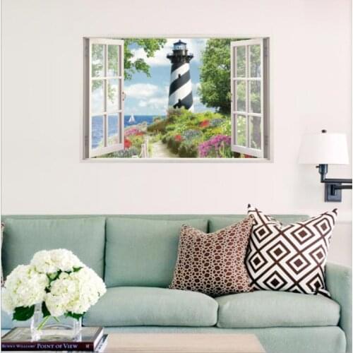 Vivid stickers for 3D lighthouse fake window wall sticker Living room bedroom wall decoration Simple style art mural