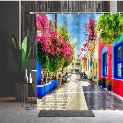 Flower Street View Shower Curtain Greece Beautiful Blue Rural Building Landscape Bathroom Decor Polyester Curtains With Hooks