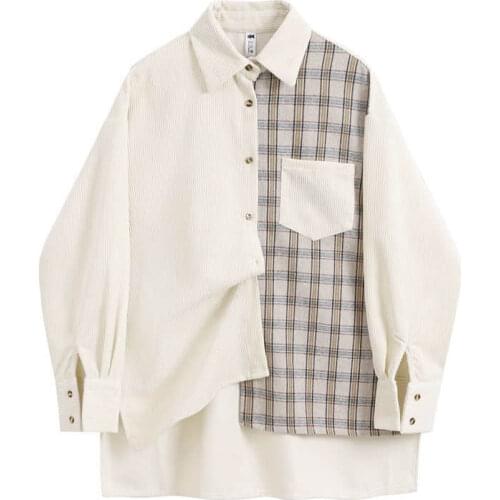 2021 Spring Autumn Irregular Long Sleeve Blouse Korean Harajuku Style Stitching Tops For Women Fashion Vintage Shirts Patchwork