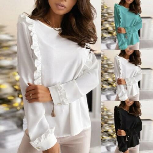 Women Ruffle Long Sleeve T-Shirt Tops Ladies Knit Slim Fit Casual Jumper