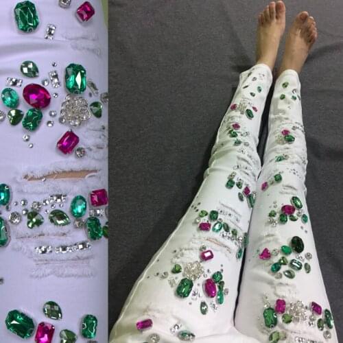 Womens Ladies Stretch Slim Fit Skinny Denim Jeans Beautiful Beading Diamond White Ripped Holes Fashion