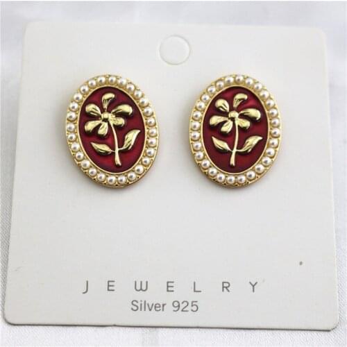 Plant seal ~925 earrings wine red enamel glaze retro oval pearl earrings earrings ear clip female