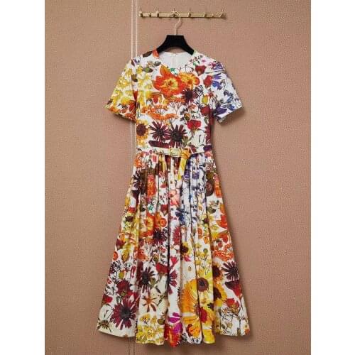 2021 New Women Summer Top Fashion Runway A-Line Dress Short Sleeve Flowers Print Belt Ladies Long Top Midi Dress