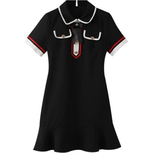 PERHAPS U Women Knitted White Black Turn Down Collar Bow Short Sleeve Mini Mermaid Dress Summer D2581