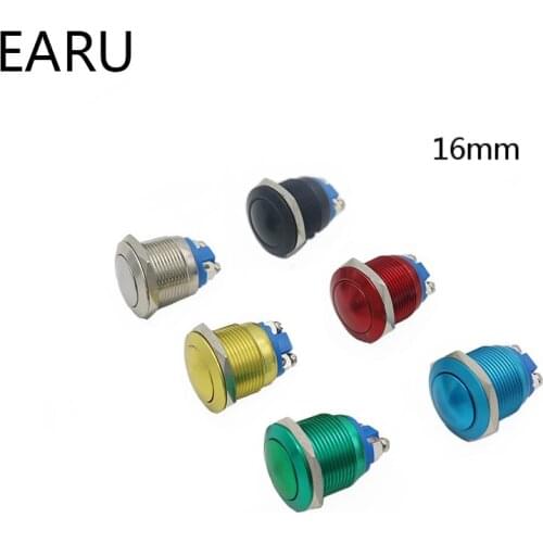 1pc 16mm Screw Terminal Electronic Waterproof Metal Push Button Switch Momentary Horn PC Power Oxidized Aluminum Red Blue Green