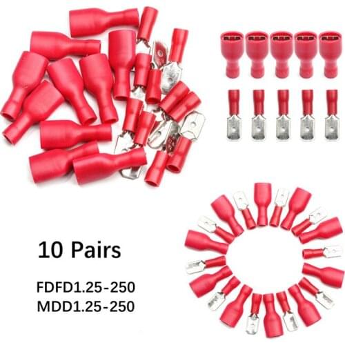20PCS FDFD1.25-250+MDD1.25-250 Red Female/Male Spade Insulated WireElectrical Crimp Connector Terminal set