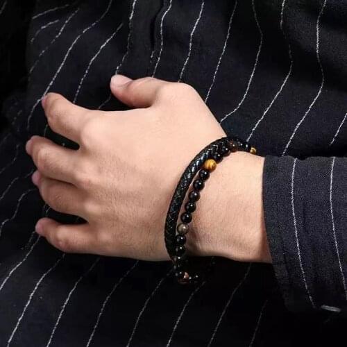 2021 mens 6mm natural stone leather natural stone bracelet tiger eye lava Bead Bracelet Stainless steel magnetic buckle jewelry