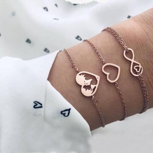 3 Pcs/ Set Women Bracelet Exquisite Heart Love Map 8 Word Chain Gold Multilayer Bracelet Charm Female Party Jewelry Accessories