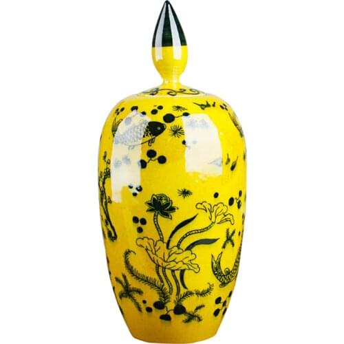 Antique Jade Kylin Green Glaze Jar Tank Yellow Vase Flowers Hat-covered Ginger Jars Ornament Creative Gift