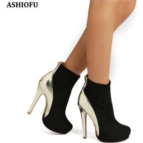ASHIOFU Handmade Real-photos Women High Heel Boots Patchwork Suede Leather Ankle Boots Daily Wear Fashion Short Boots Shoes