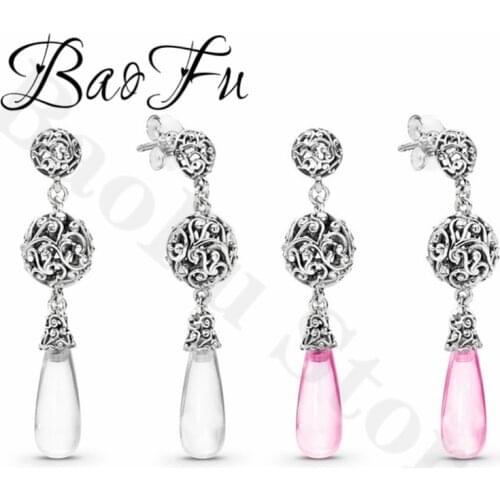 BaoFu 100% 925 Sterling Silver Cryolite Earrings Drop-shaped Pink Charm Earrings Diy Birthday Gift Suitable for Primitive Women