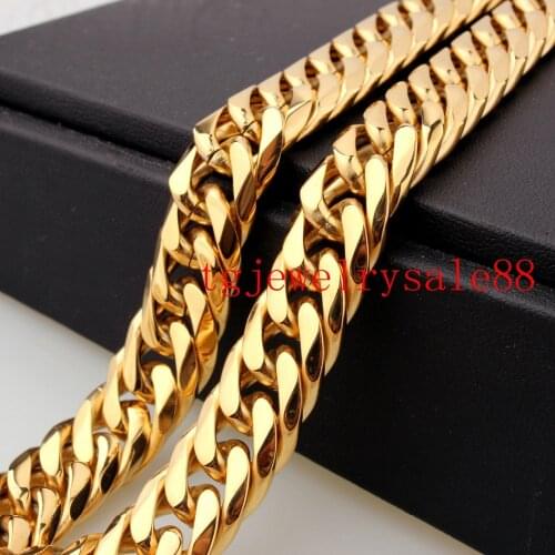 13mm Wide Top Gold Double Curb Cuban Link Chain Mens Womens Stainless Steel Bracelet Or Necklace 7-40inch