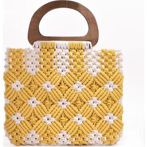 Wooden Portable Female Summer Diamond-Shaped Cotton Handbag Pure Hand-Woven Beach Bag