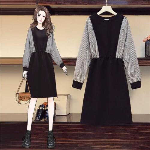 EHQAXIN Plus Size Womens Dresses Summer Autumn New Fashion Loose Striped Stitching French Drawstring Long Dress Female M-4XL