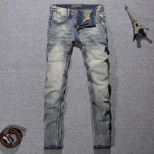 European Vintage Fashion Men Jeans Retro Distressed Wash Elastic Slim Fit Ripped Jeans Men Scratch Designer Casual Denim Pants