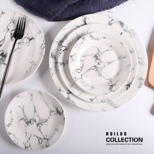 Hotel tableware ceramic plate household marble flat fish plate gift dishes set dinner plates dishes and plates sets