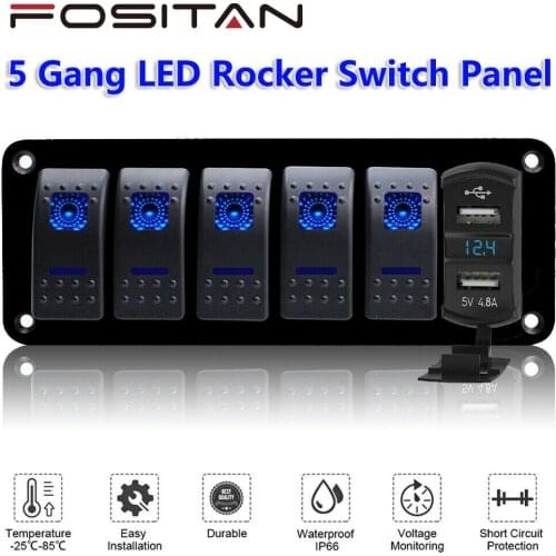 12V/24V Multifunctions Panel Kit Dual USB 5 Gang LED Rocker Switch Panel 15A Fuse Box For Car Truck Boat Marine