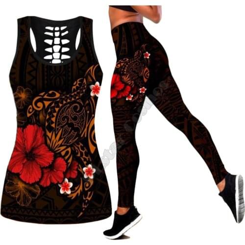 Sea turtle Polynesian 3D Printed Hollow Out Tank Legging Suit sexy Yoga Fitness Soft Legging Summer Women For Girl 38