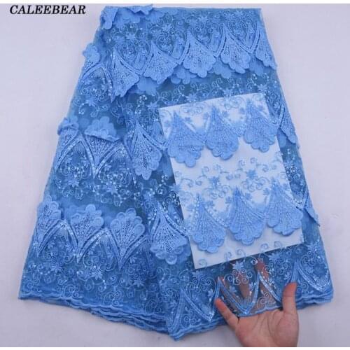 Latest African Tulle Lace 3D Applique Bridal Wedding Dress Lace Fabric For Sewing Sky Blue Embroidery French Lace FabricS2160