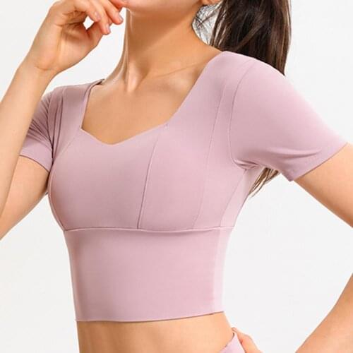 New Women Yoga Tops Short Sleeve Solid Color Breathable Nylon Bra Workout Sport Shirts Shockproof Running Fitness Sport Fitness