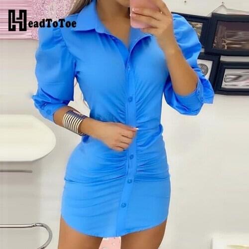 Puff Sleeve Ruched Shirt Dress Women Long Sleeve Slim Casual Mini Work Dress