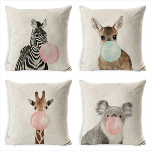 Bubble Chewing Gum Cushion Cover Giraffe Zebra Animal Cushion Case Art Painting Decora Pillow Cover Nordic Style Kids Pillowcase