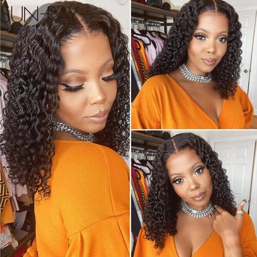 Curly Bob Human Hair Lace Part Wigs with Baby Hair Pre Plucked T Part Lace Wigs Deep Water Wave Human Hair Curly Wigs