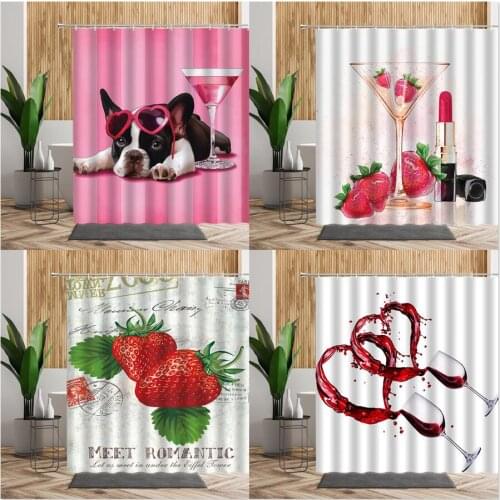 Cute Dog Wine Cup Photo Shower Curtains For Bathroom Decors Pink Striped Background Wall Cloth With Hook Bath Curtain Waterproof