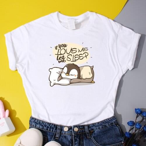 Cartoon Kawaii Penguin Printed Womens T-Shirts If You Love Me Let Me Sleep Letter Printed T Shirts 2021 Summer Cute Women Tops