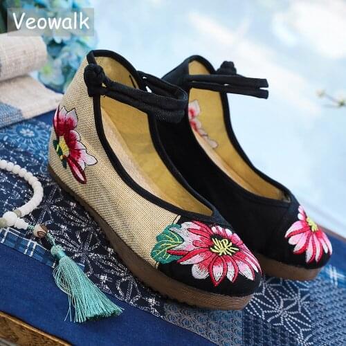 Veowalk Old Beijing Women Handmade Canvas Shoes Traditional Embroidered Strappy Cotton Cloth Flat Platforms Zapatos Mujer