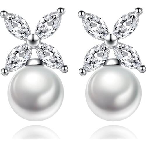 100% 925 sterling silver shiny cz zircon pearl stud earrings for women wholesale jewelry birthday gift drop shipping