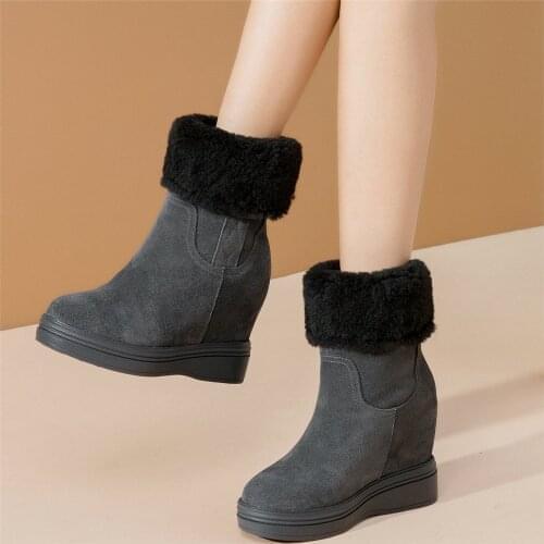 High Top Creepers Women Genuine Leather Hidden Wedges High Heel Snow Boots Female Winter Warm Round Toe Pumps Shoes Casual Shoes